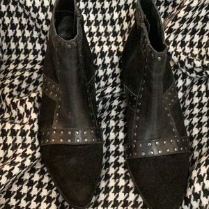 Booties. Black Suede with smooth leather accented with small silver metal inlays